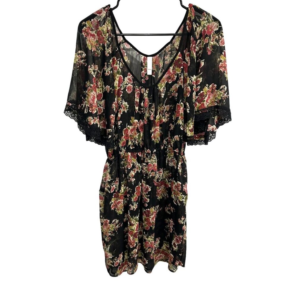 Xhilaration Black Floral Short Dress with Red and Green Accents